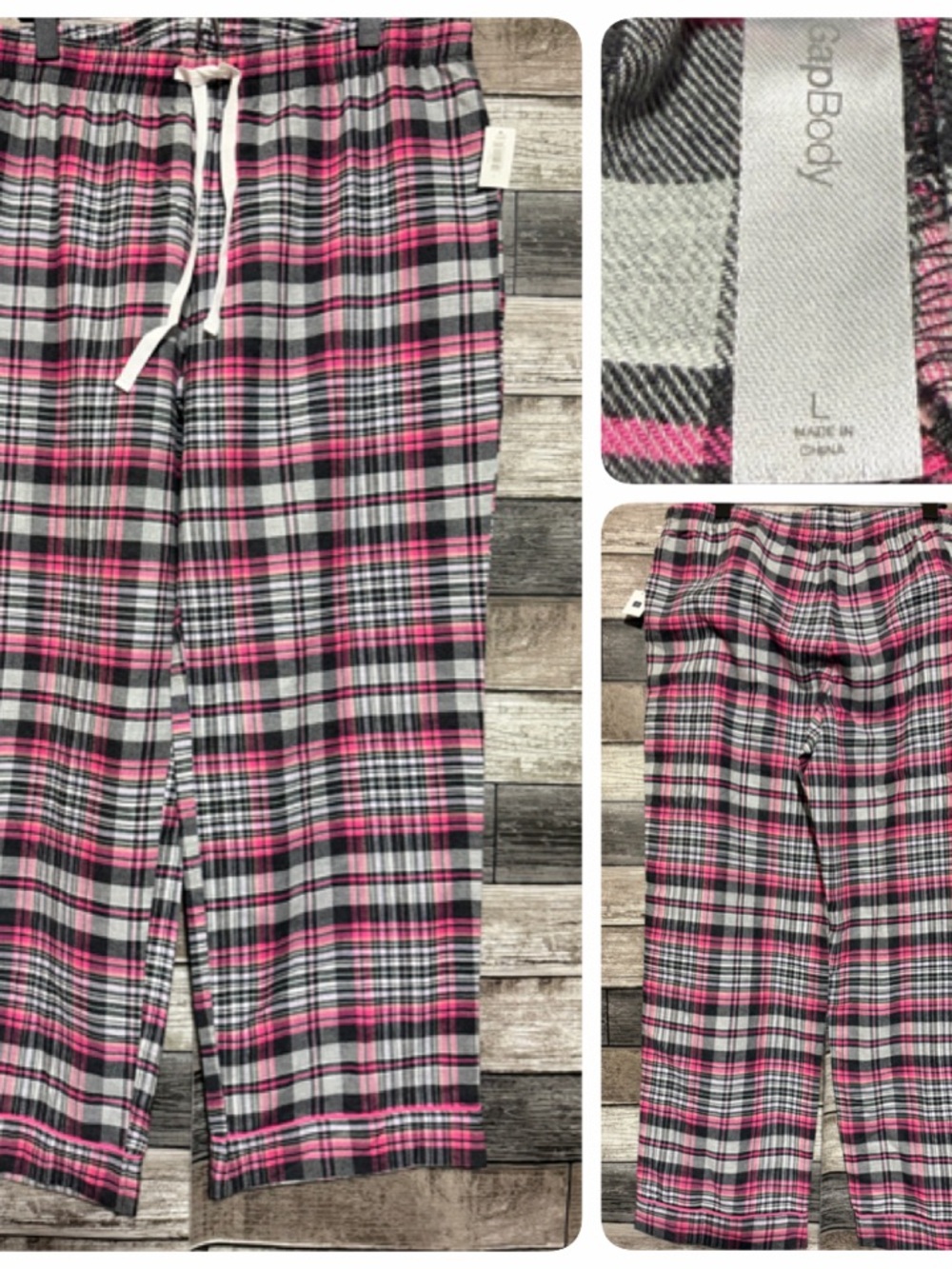 Gap Body Flannel Lounge Pants Women’s L Plaid Pink Gray (Inseam 29) Drawstring